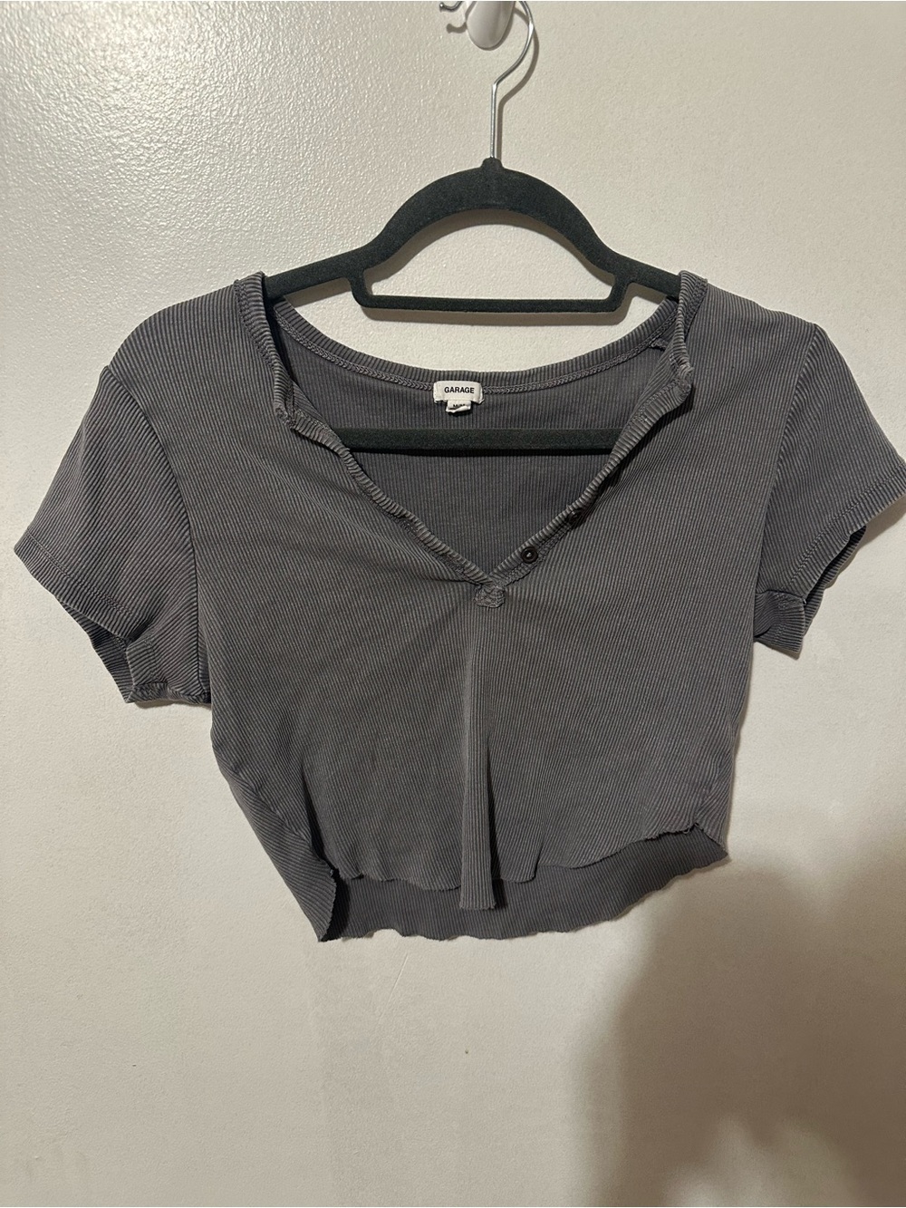 Garage Charcoal Gray Ribbed Cropped Henley Tee